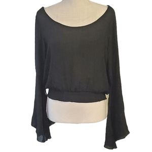 MY BRAND | Women's black crepe-texture flare-sleeve top. Size XL.
